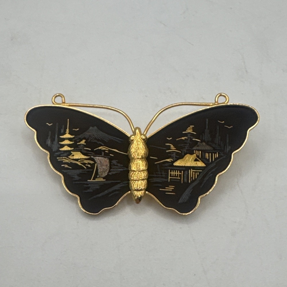 Vintage Amita Butterfly Brooch‎ 24K Gold & Silver Inlay Etched Damascene Pin